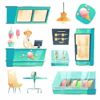 Free vector ice cream shop interior set with seller at counter