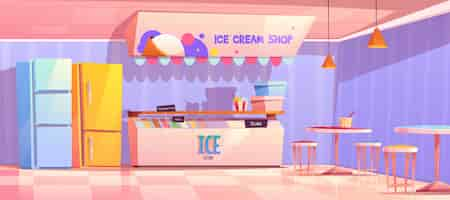 Free vector ice cream shop interior with fridge and tables