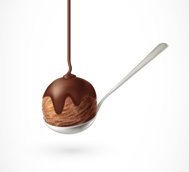 Free vector ice cream in spoon and chocolate flow