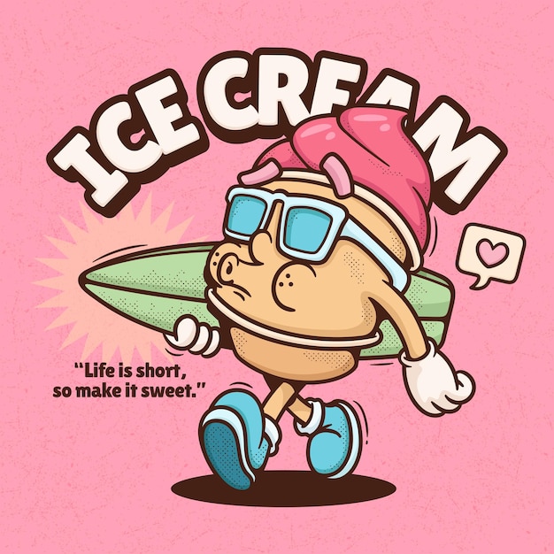 Ice Cream Trendy Retro Cartoon Vector Hand Drawn