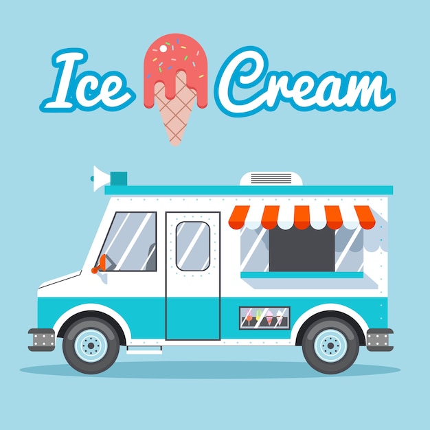 Ice cream truck for sale on a blue background.