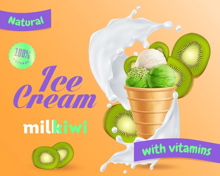 Free Vector ice cream with kiwi and milk ad