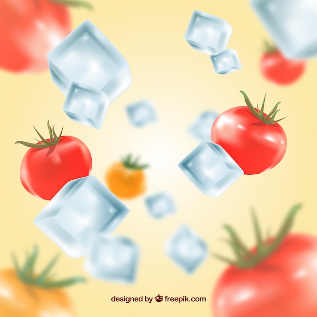 Ice cube background in realistic style with tomatoes