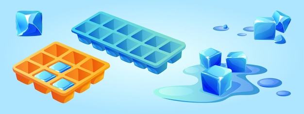Piatti di cubetti di ghiaccio isolati su sfondo blu