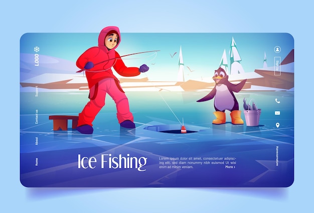 Banner di pesca sul ghiaccio con uomo e pinguino