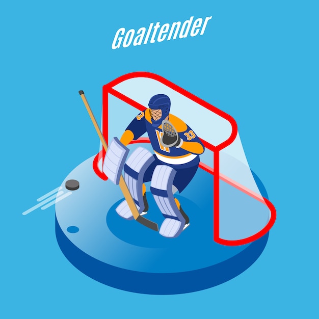 Free vector ice hockey goaltender in full equipment protecting goal with stick round isometric composition blue