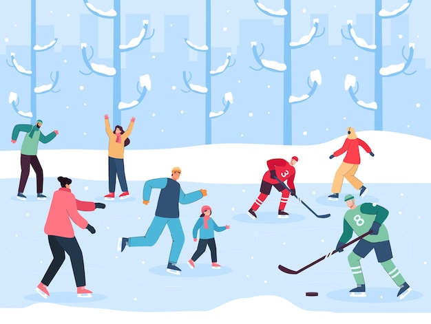 Free vector ice rink with people skating and playing hockey. adults and children having fun in winter flat vector illustration. sports, family, winter, outdoor activity concept for banner or landing web page