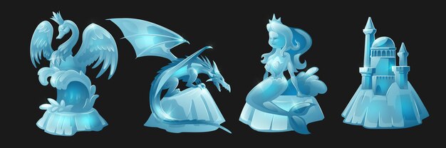 Ice sculptures of swan queen, fantasy characters and medieval castle