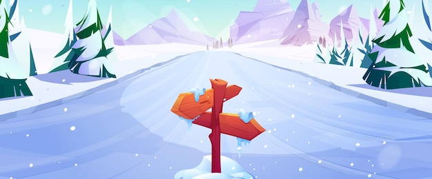 Ледяная горка с деревянным дорожным знаком и горами