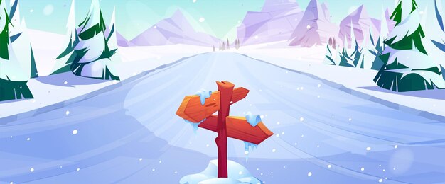 Ice slide with wooden road sign and mountains