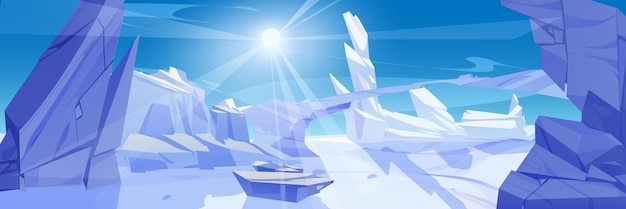 Vettore gratuito paesaggio invernale di ghiaccio con sfondo vettoriale di neve montagna congelata e scenario innevato scena di gelo per annuncio sci polo nord o deserto selvaggio islanda con illustrazione del giorno del fumetto ponte roccioso antartico