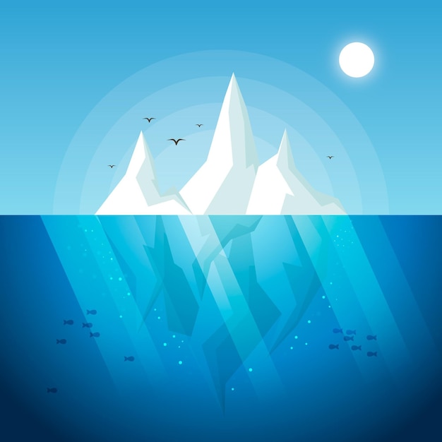 Бесплатное векторное изображение Иллюстрация плоского дизайна айсберга с птицами и рыбами
