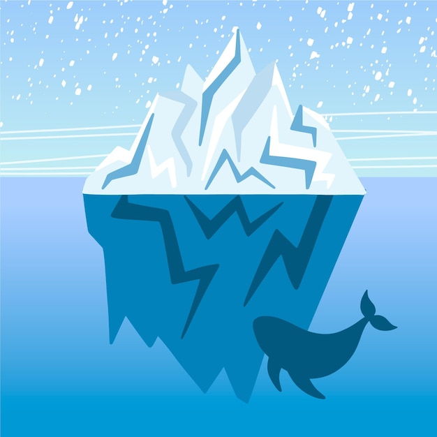 Vettore gratuito iceberg design piatto illustrazione con balena