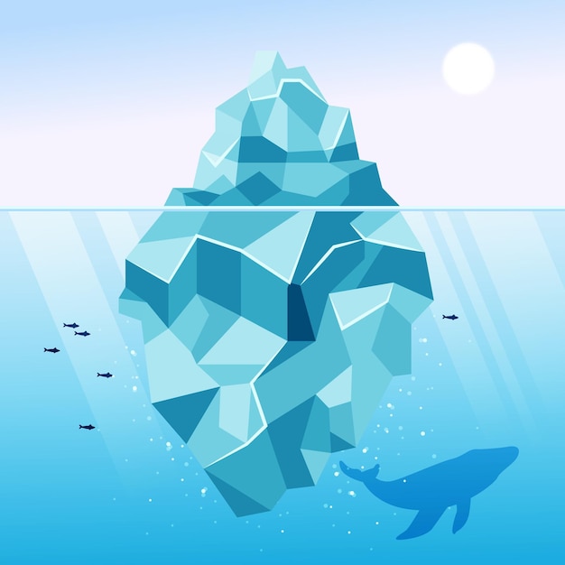 Иллюстрация айсберга с китом и рыбой
