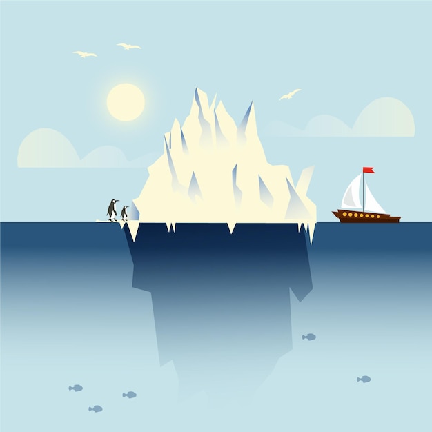 Vettore gratuito paesaggio dell'iceberg con barca e pinguini
