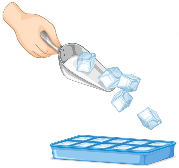 Icecube in spoon and ice tray on white