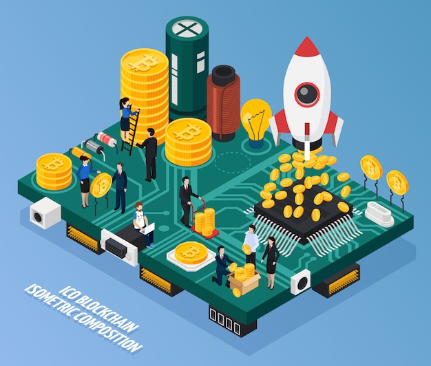 Ico blockchain isometric composition