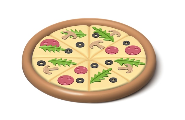アイコンルッコラとキノコとサラミのピザ白い背景で隔離