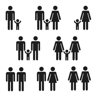 Icon set of families, simple stick figure symbols. traditional and homosexual couples with kids.