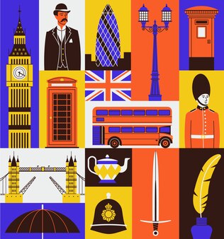 イギリスの文化的なアイコンがイラストを設定 プレミアムベクター イギリスの文化的なアイコンがイラストを設定 プレミアムベクター