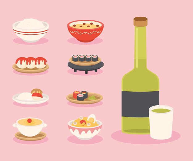 icons japanese food, recipes and drink