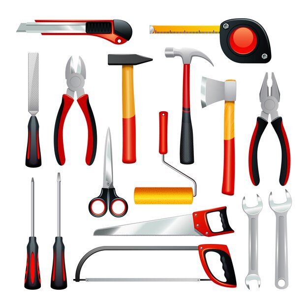 Icons set of different simple tools for housework and non professional repair 