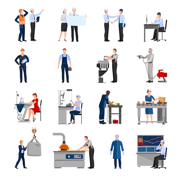 Free vector icons set of drawn in flat style different factory workers