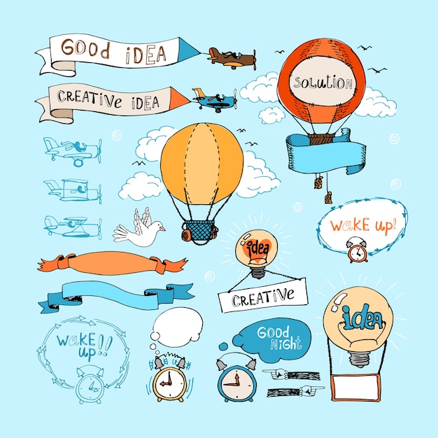 Idea hand-drawn elements. bulbs, airplanes, balloons and alarm clocks  in blue sky. Ribbon banners