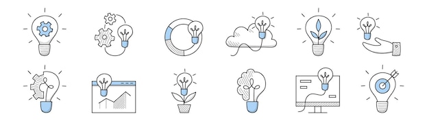 Idea icons doodle business signs light bulbs set