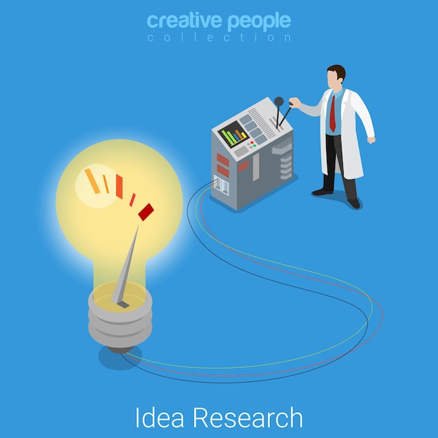 Idea research flat isometric business startup lab laboratory experiment concept  Scientist lighting big lamp abstract electronic device.
