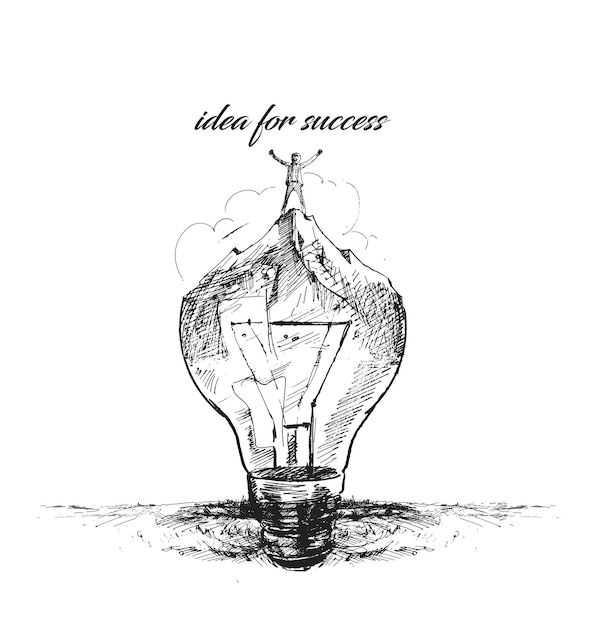 Idea for success man with flag sketch art decor waves spiral light bulb Vector illustration