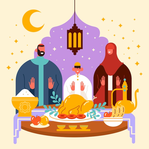 Iftar illustration with people having a meal