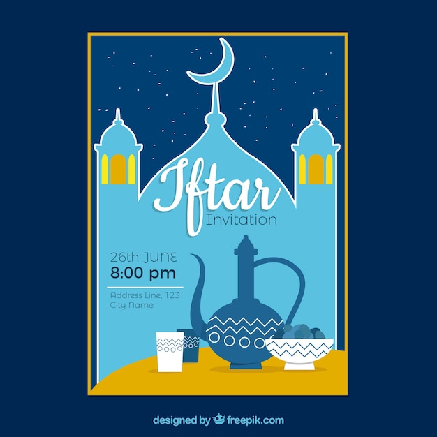 무료 벡터 플랫 스타일의 음식과 차가있는 iftar 초대