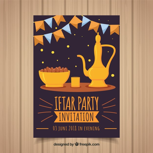 Iftar invitation with food and tea in flat style