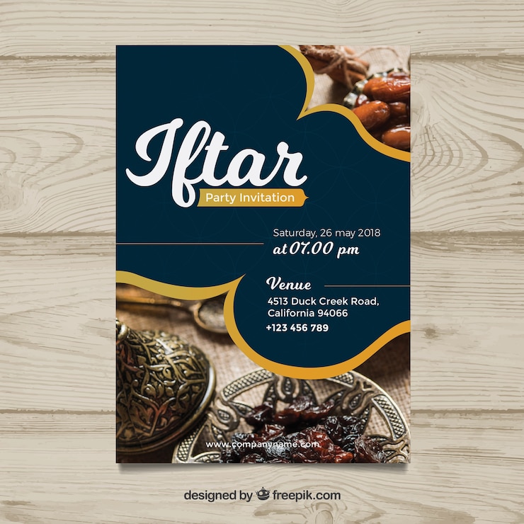 Free Vector iftar invitation with food and tea in flat style