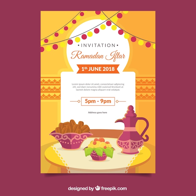 Iftar invitation with food and tea in flat style