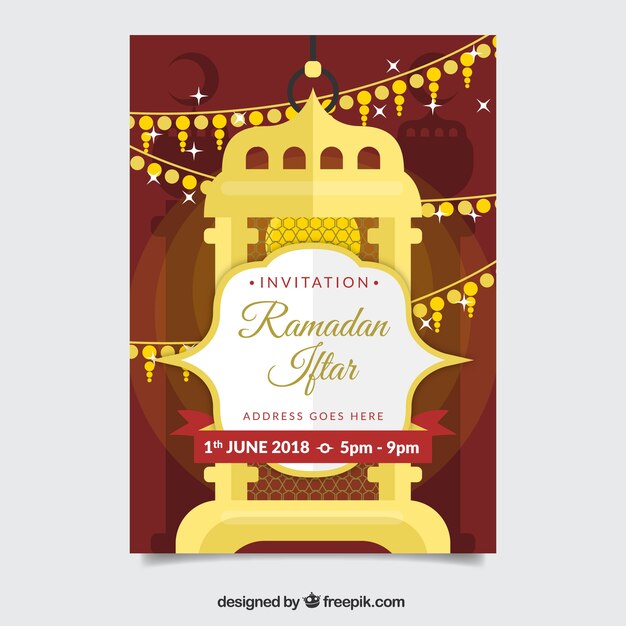 Free vector iftar invitation with golden ornaments in flat style