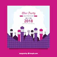 Free vector iftar invitation with mosque silhouette in flat style