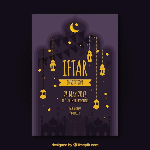 Free vector iftar invitation with mosque silhouette in flat style