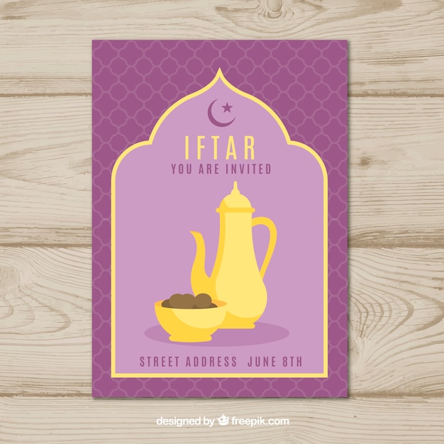 무료 벡터 플랫 스타일의 주전자와 차 iftar 초대