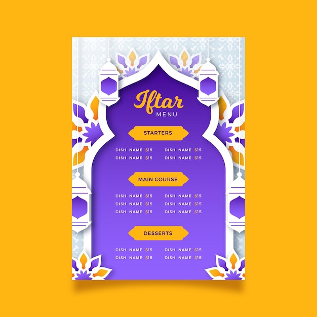 Vettore gratuito modello di menu iftar in stile carta