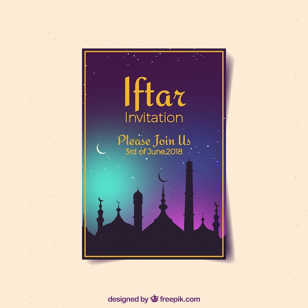 Free vector iftar party invitation with mosque silhouette in watercolor style