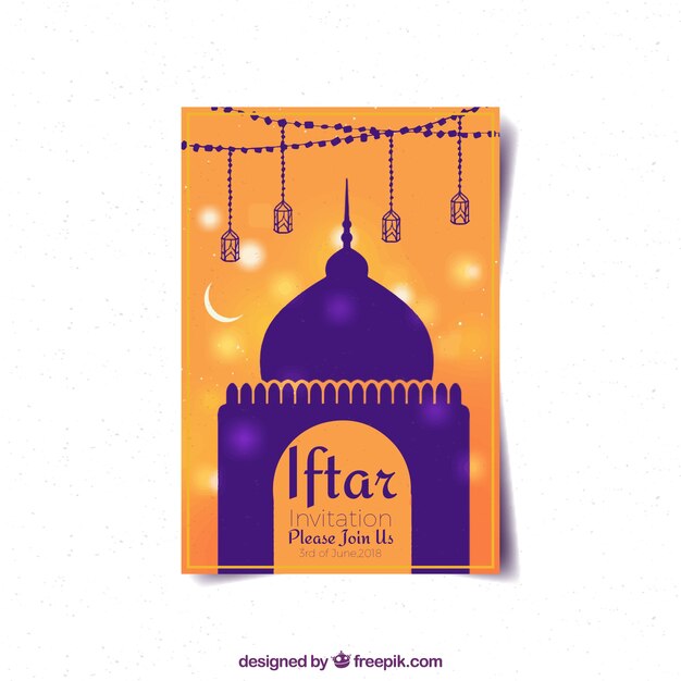 Iftar party invitation with mosque silhouette in watercolor style