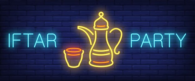 Iftar party neon sign. Glowing lettering and oriental tea pot