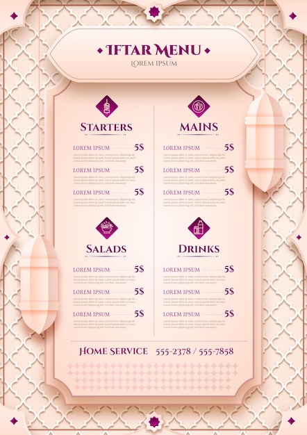 Modello di menu verticale iftar in stile carta