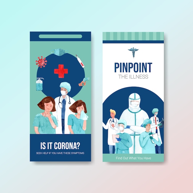 Free vector illnesses flyer design with people and doctor characters infographic symptomatic watercolor vector illustration