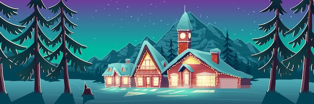 illuminated mansion in snowy field illustration