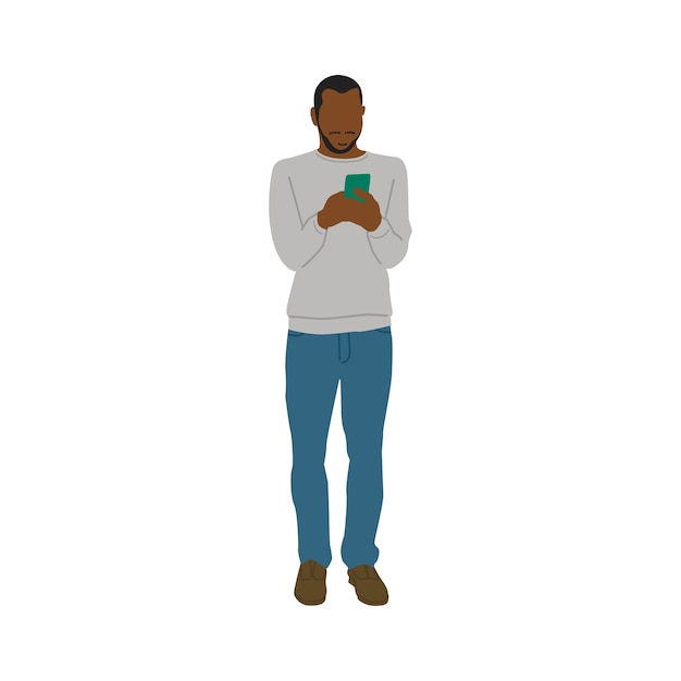 Иллюстрированный черный человек с помощью мобильного телефона
