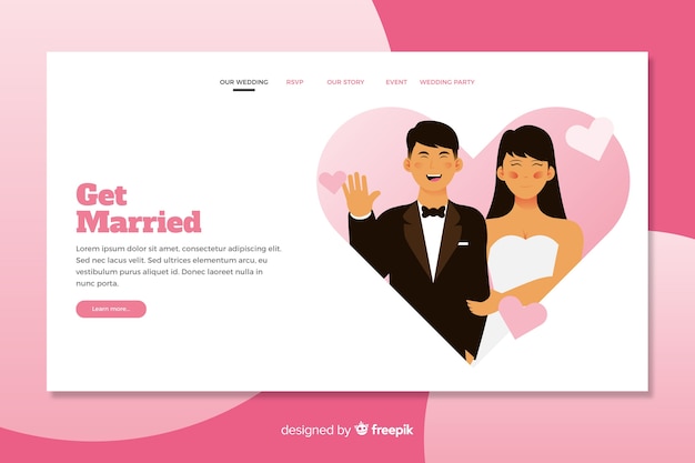 Illustrated bride and groom on wedding landing page template