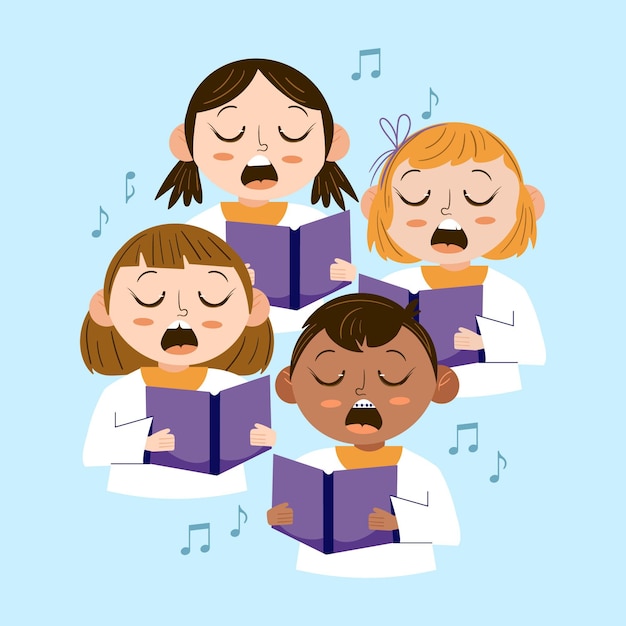 illustrated children singing together in a choir